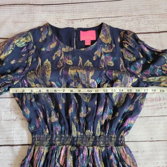 Lilly Pulitzer Dotti Silk Ruffle Dress Floral Metallic Women's 4 - Picture 6 of 7